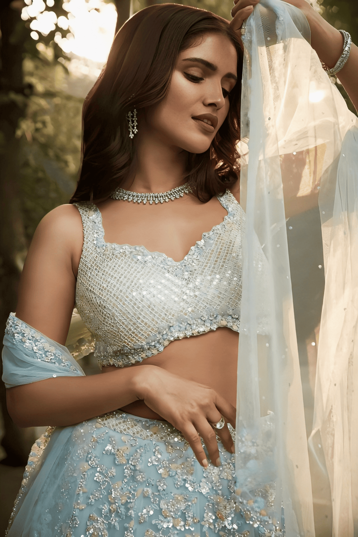 Light Blue Floral Embellished Georgette Lehenga Set