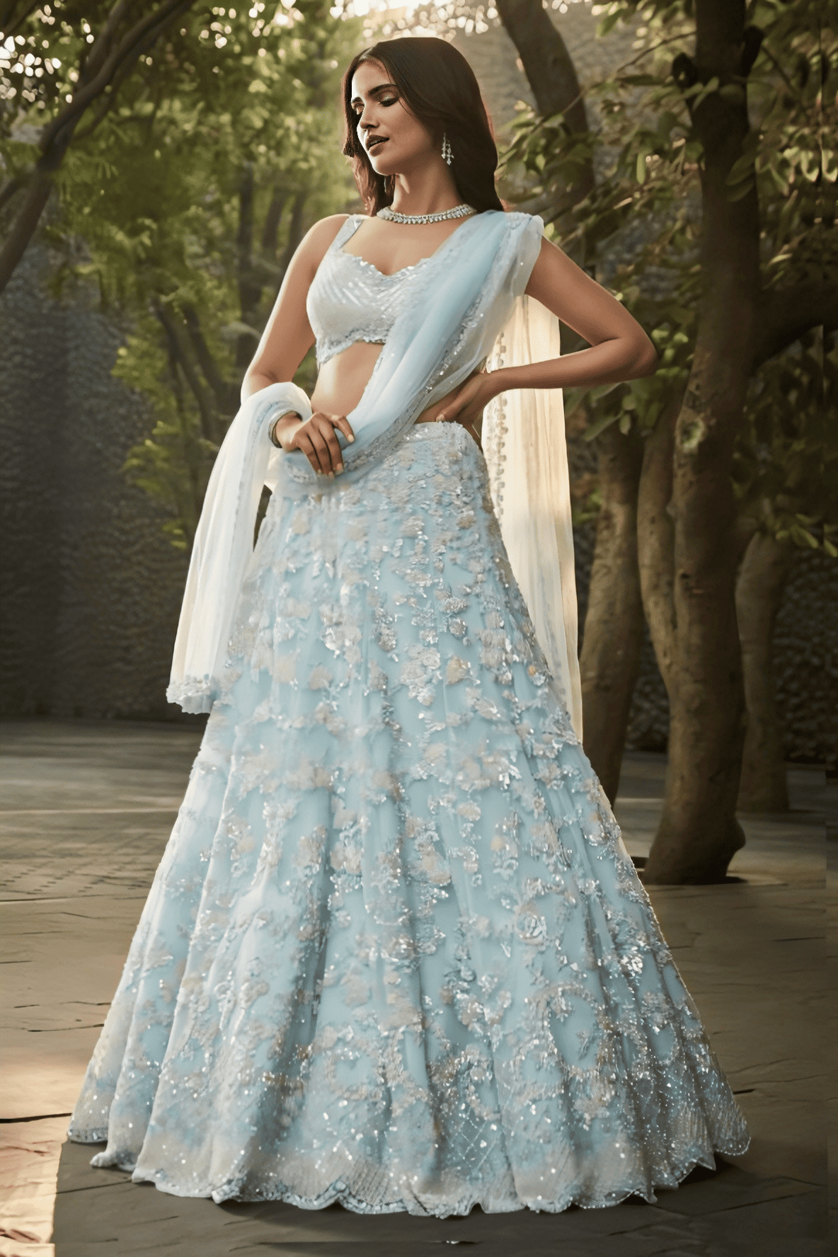 Light Blue Floral Embellished Lehenga Set