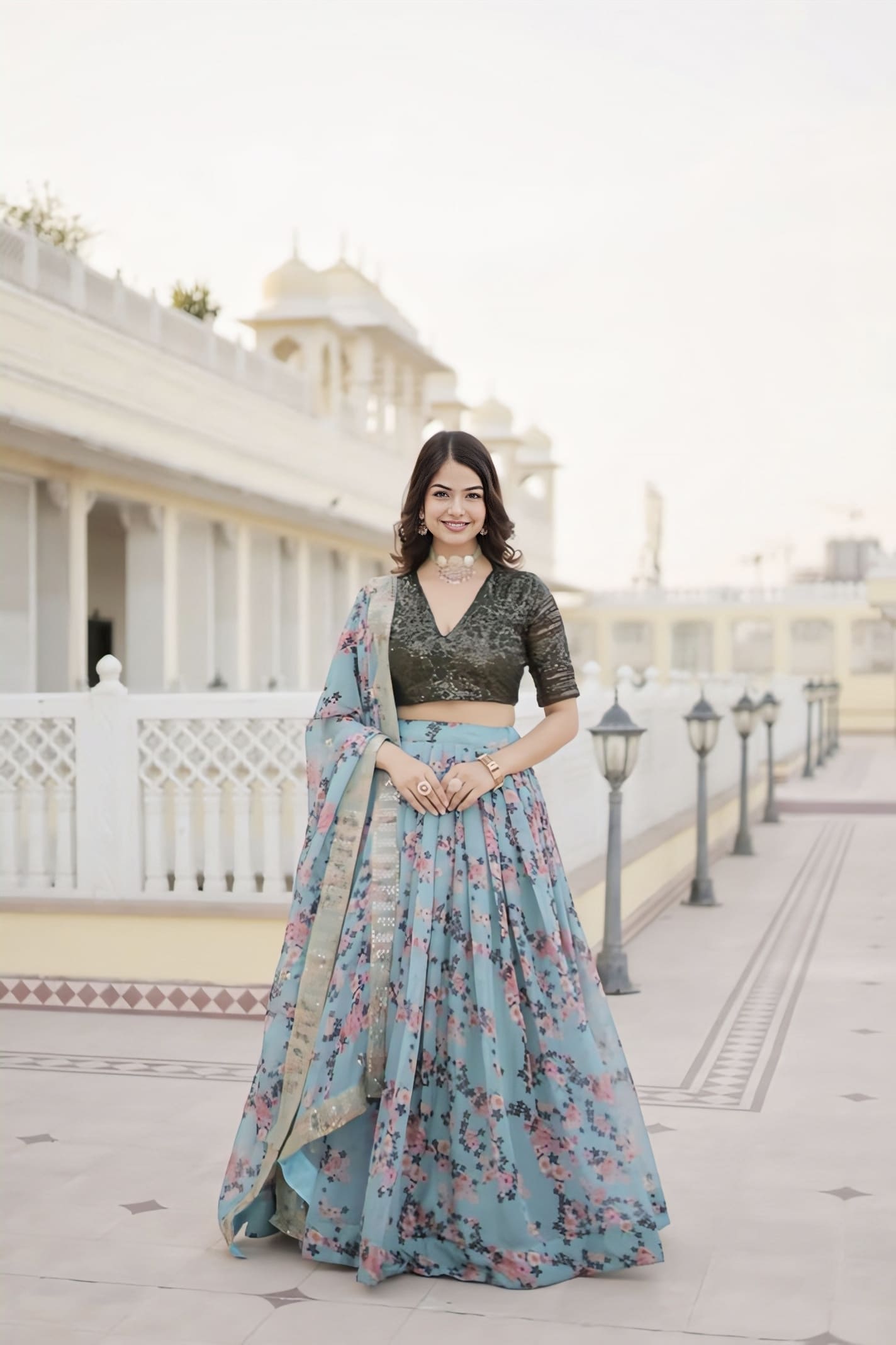 Light Blue Floral Printed Lehenga Choli