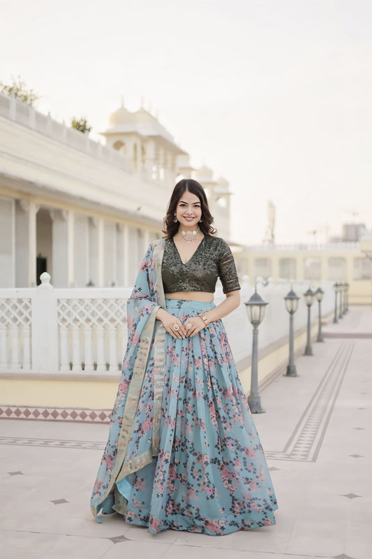 Light Blue Floral Printed Lehenga Choli
