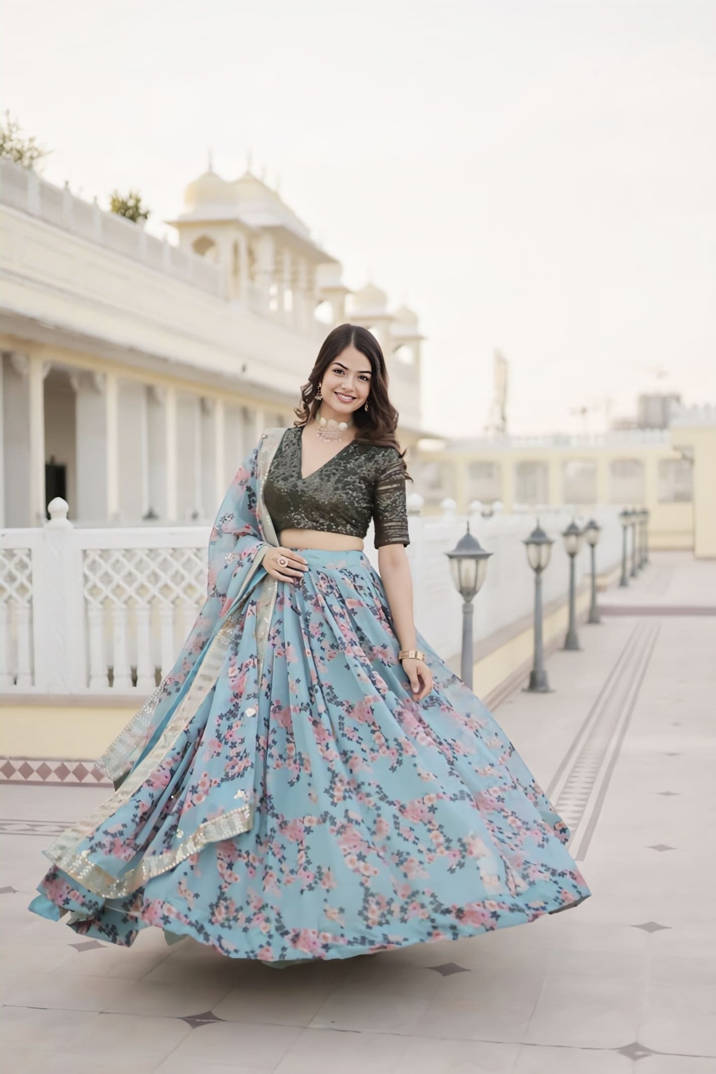Light Blue Floral Printed Lehenga Choli with Designer V-Neck Blouse