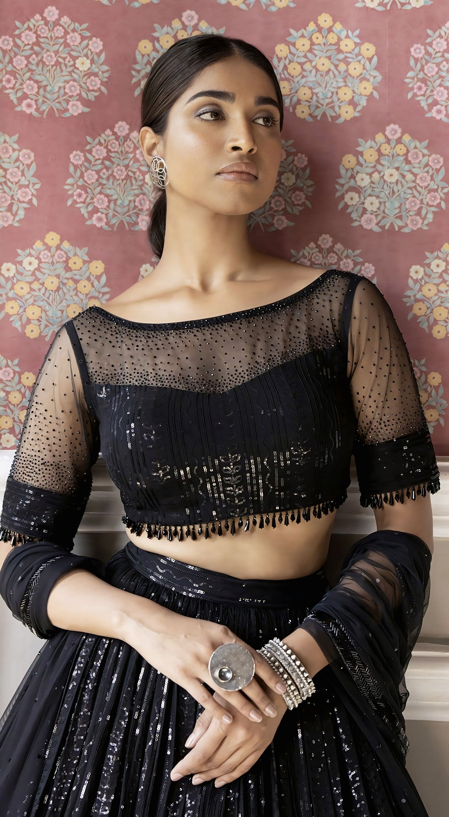 Black Sequin Embroidered Lehenga Choli with Swarovski Blouse & Net Dupatta