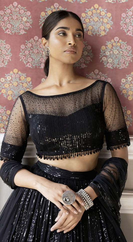 Black Sequin Embroidered Lehenga Choli with Swarovski Blouse & Net Dupatta