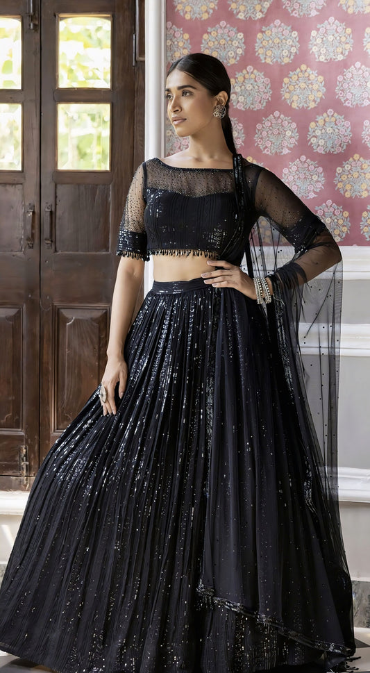 Black Sequin Lehenga Choli with Swarovski Embroidered Blouse
