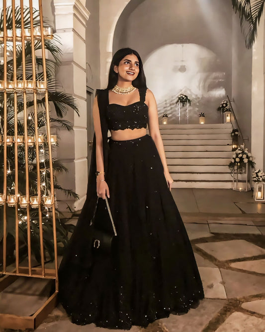 Black Sequin Lehenga Choli with Thread Embroidery