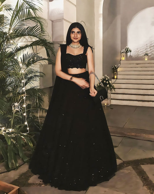 Black Sequin & Thread Embroidered Georgette Lehenga Choli with Dupatta