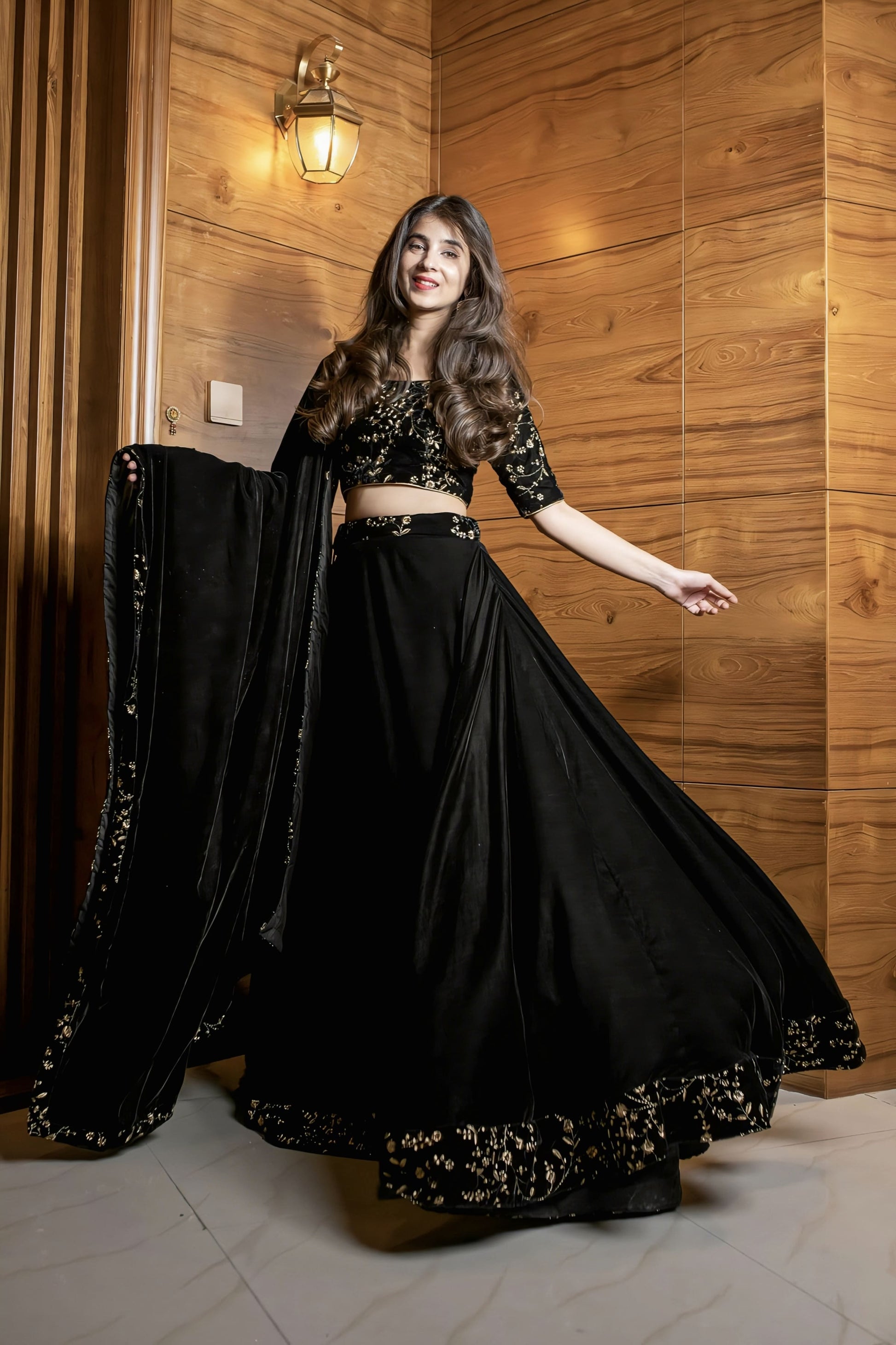 Black Velvet Sequin and Zari Work Lehenga Choli