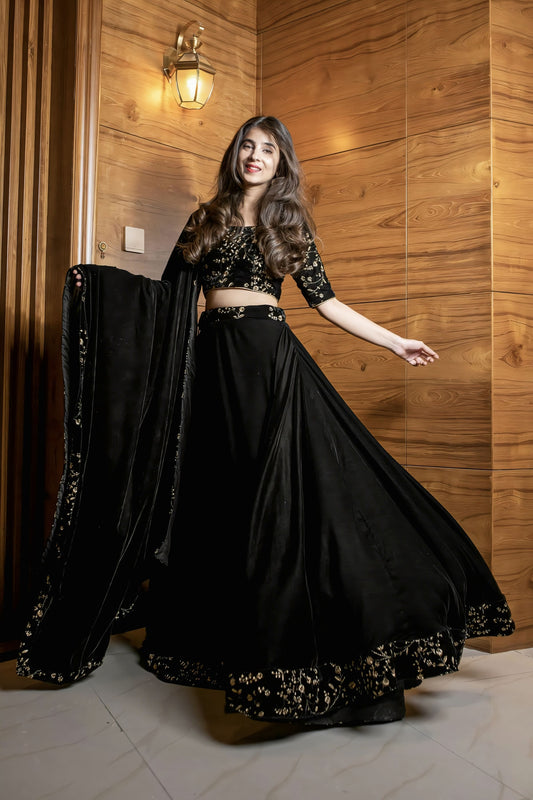 Black Velvet Sequin and Zari Work Lehenga Choli