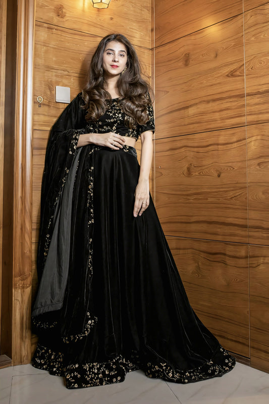 Black Velvet Sequin & Zari Work Lehenga Choli with Dupatta