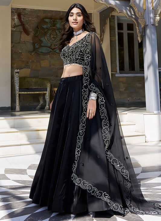 Black Star Satin Sequin & Thread Embroidered Lehenga Choli
