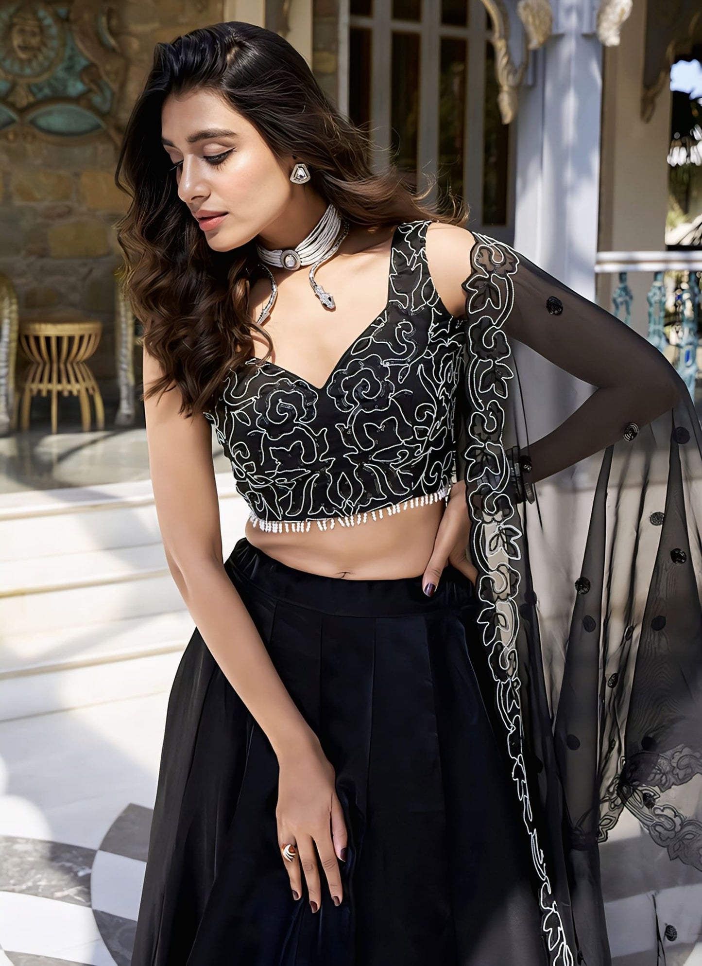 Black Star Satin Sequin & Thread Embroidered Lehenga Choli
