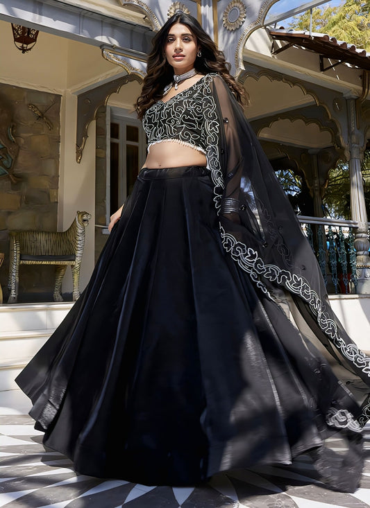 Black Star Satin Sequin Embroidered Lehenga Choli