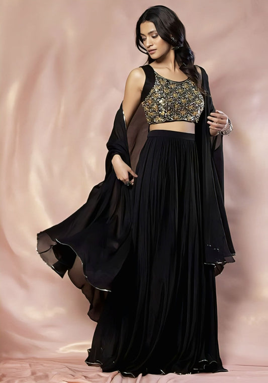 Black Sequin Lehenga Choli Set with Embellished Blouse & Jacket