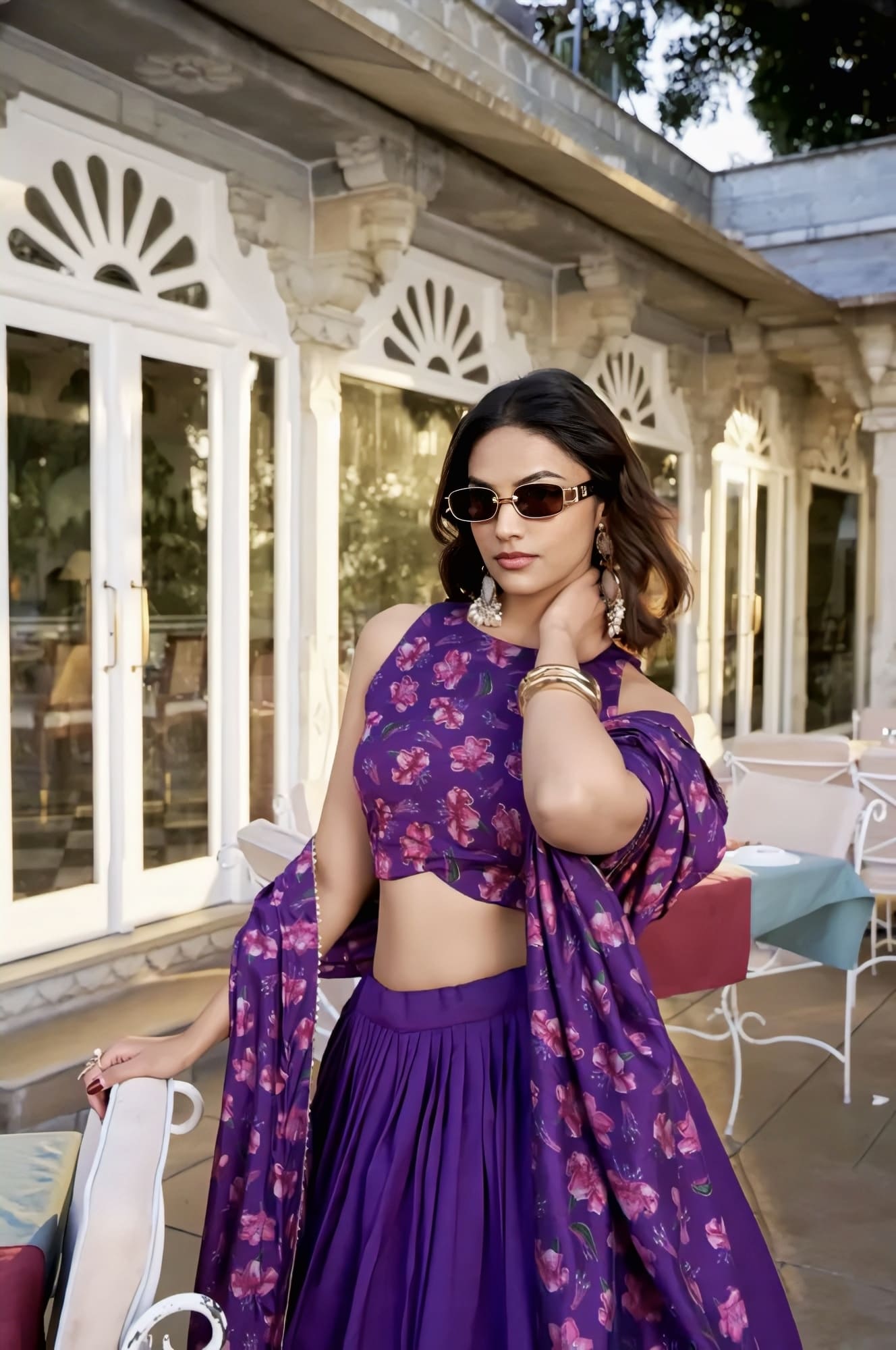 Purple Floral Print Tussar Silk Lehenga Choli with Dupatta