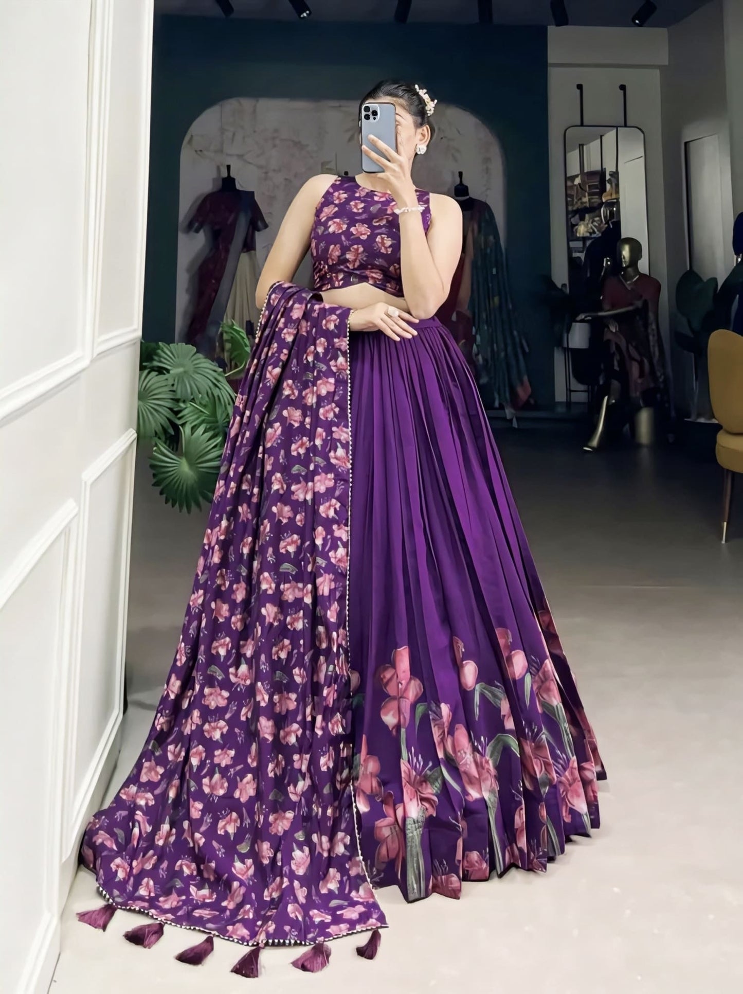 Purple Floral Print Tussar Silk Lehenga Choli with Dupatta