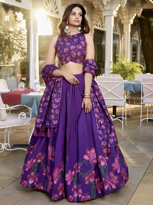 Purple floral print Tussar silk lehenga choli with dupatta