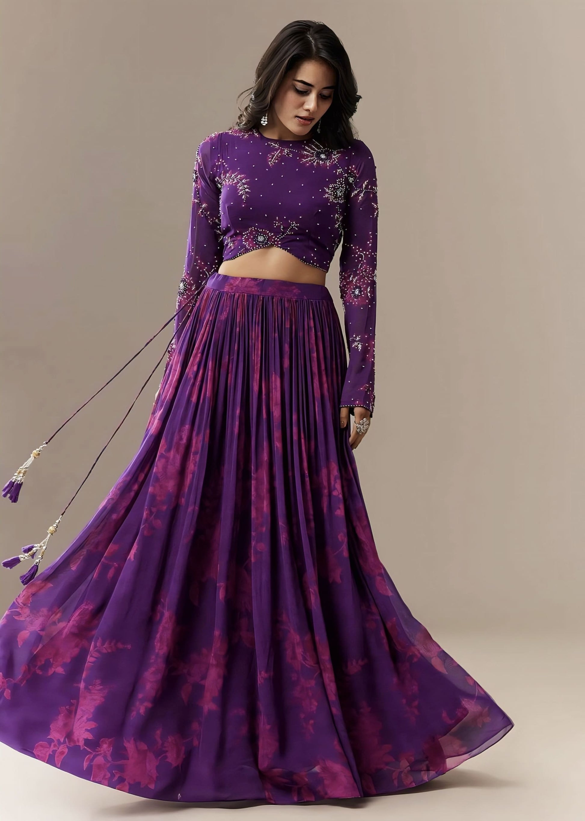 Purple floral printed georgette lehenga set for women