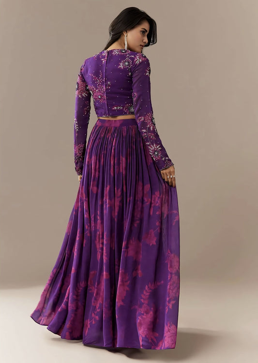Purple Floral Printed Georgette Lehenga Set for Festive & Party Wear