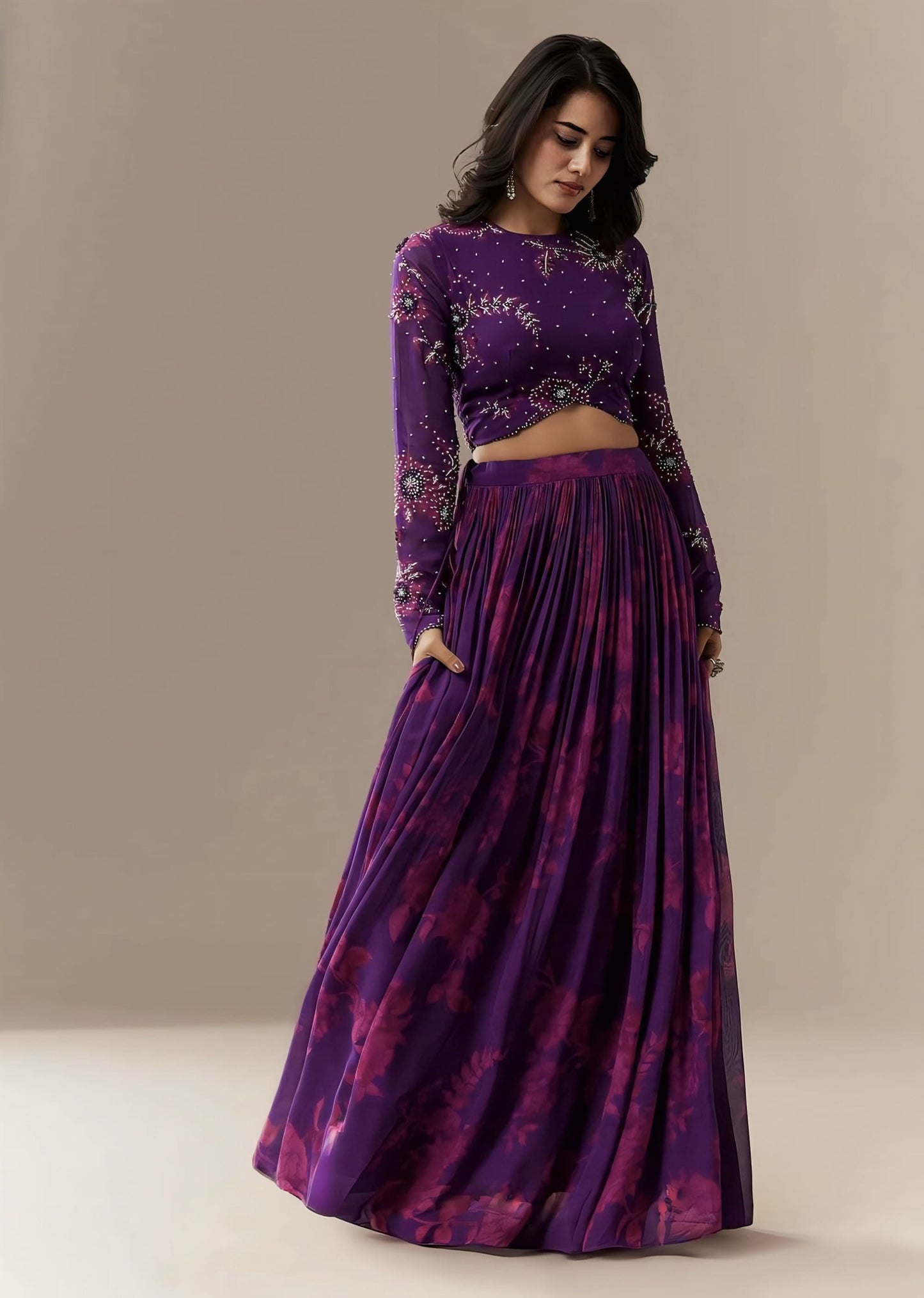 Purple Floral Printed Georgette Lehenga Set for Festive & Party Wear