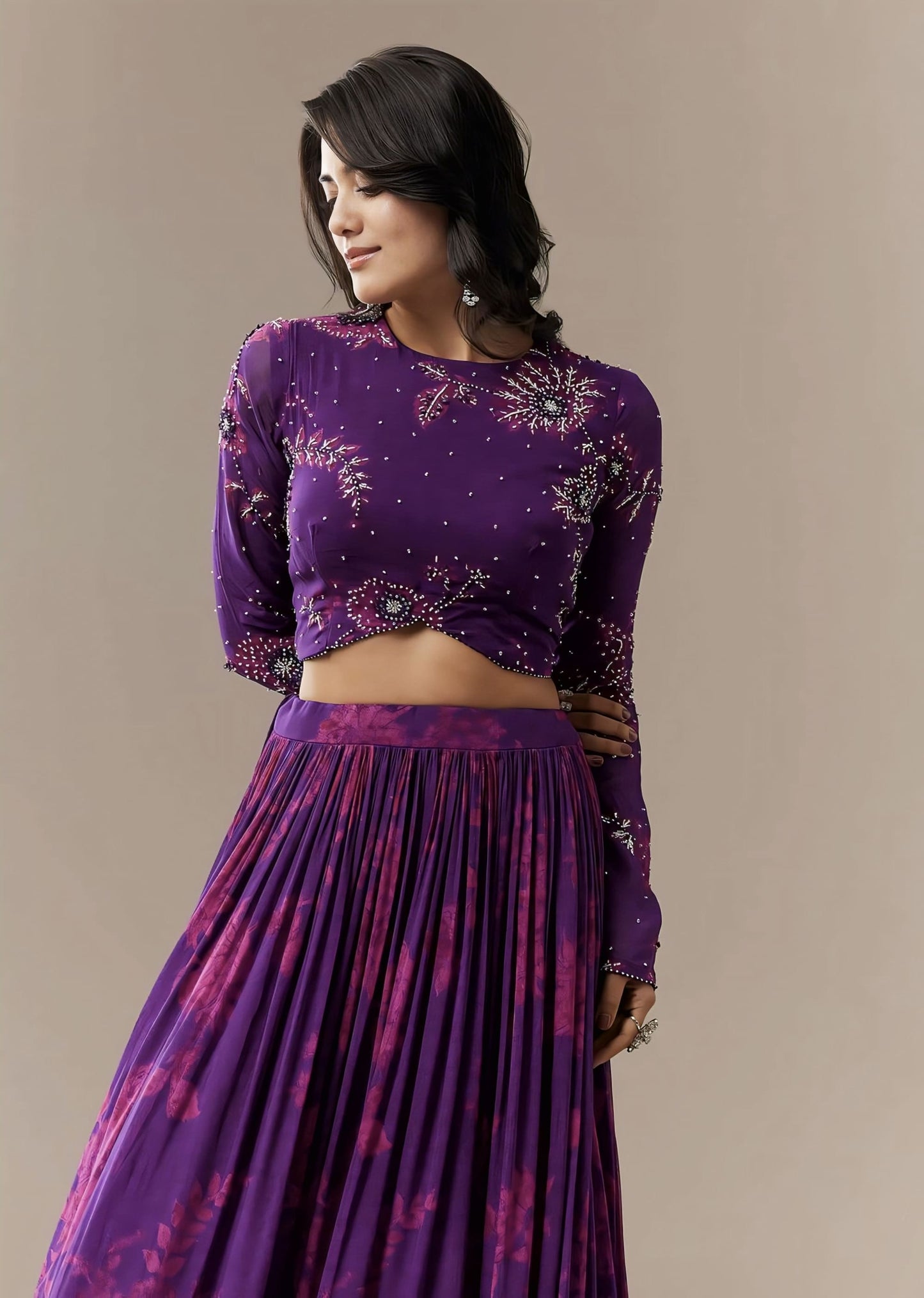 Purple Floral Printed Georgette Lehenga Set for Festive & Party Wear