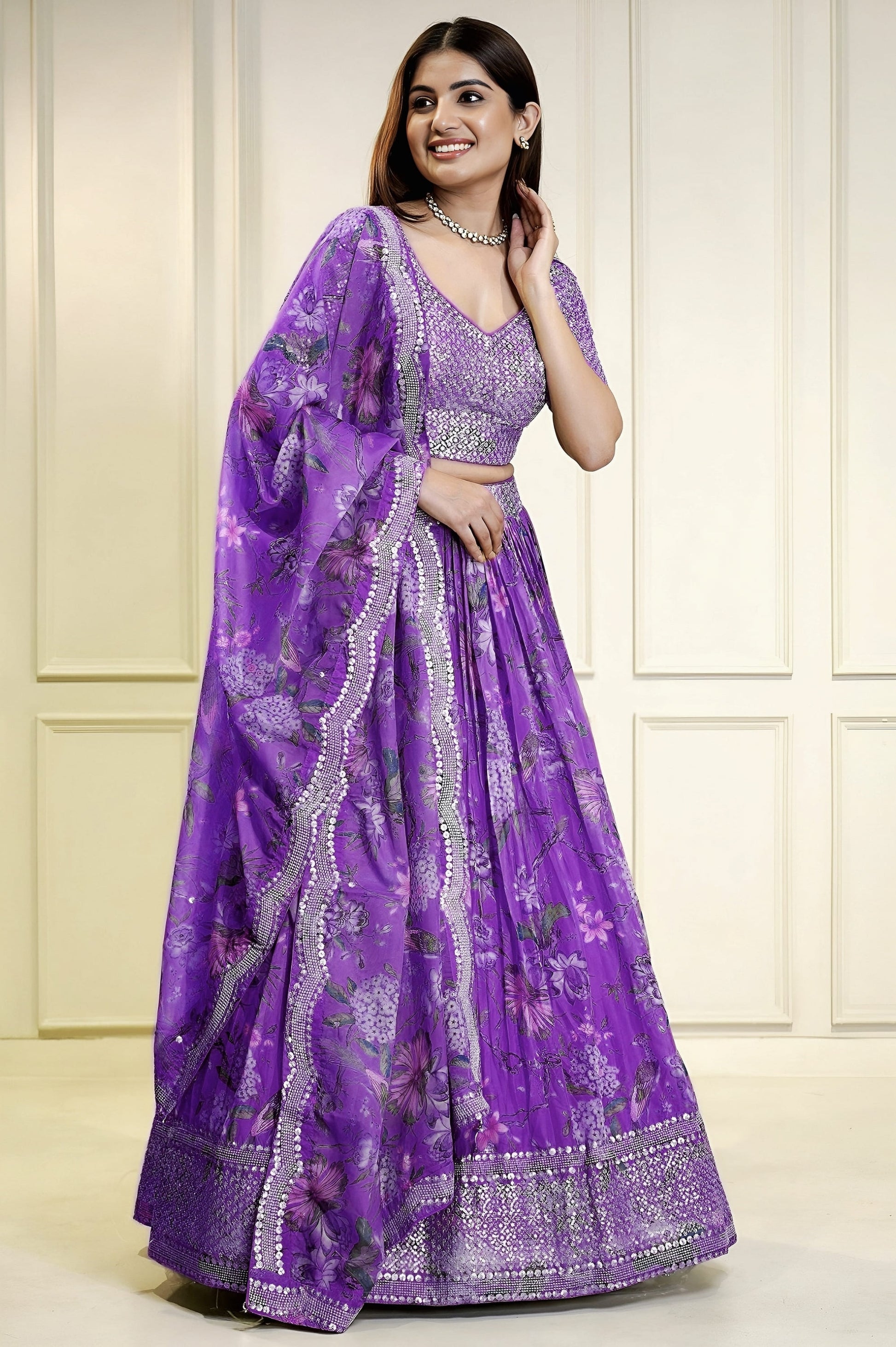 Purple floral printed organza silk lehenga choli with mirror work