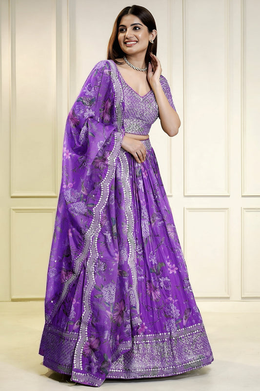 Purple floral printed organza silk lehenga choli with mirror work