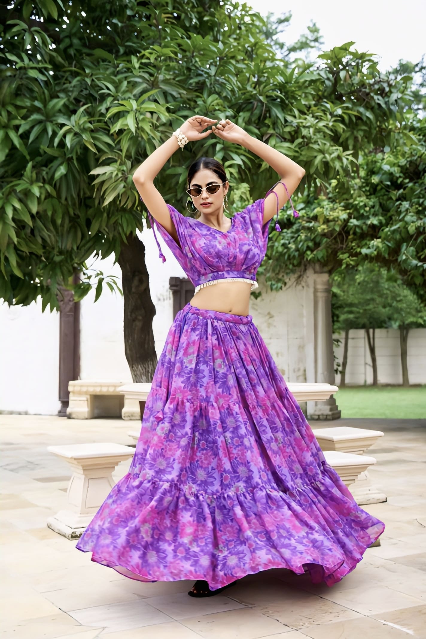 Purple floral printed crop top lehenga choli with pearl work