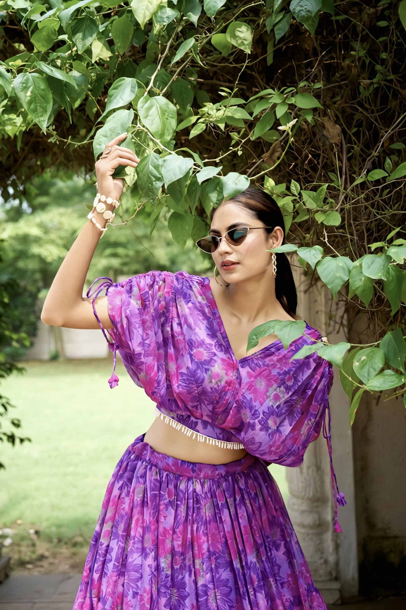 Elegance Purple Floral Printed Crop Top Lehenga Choli with Pearl Touch-Up