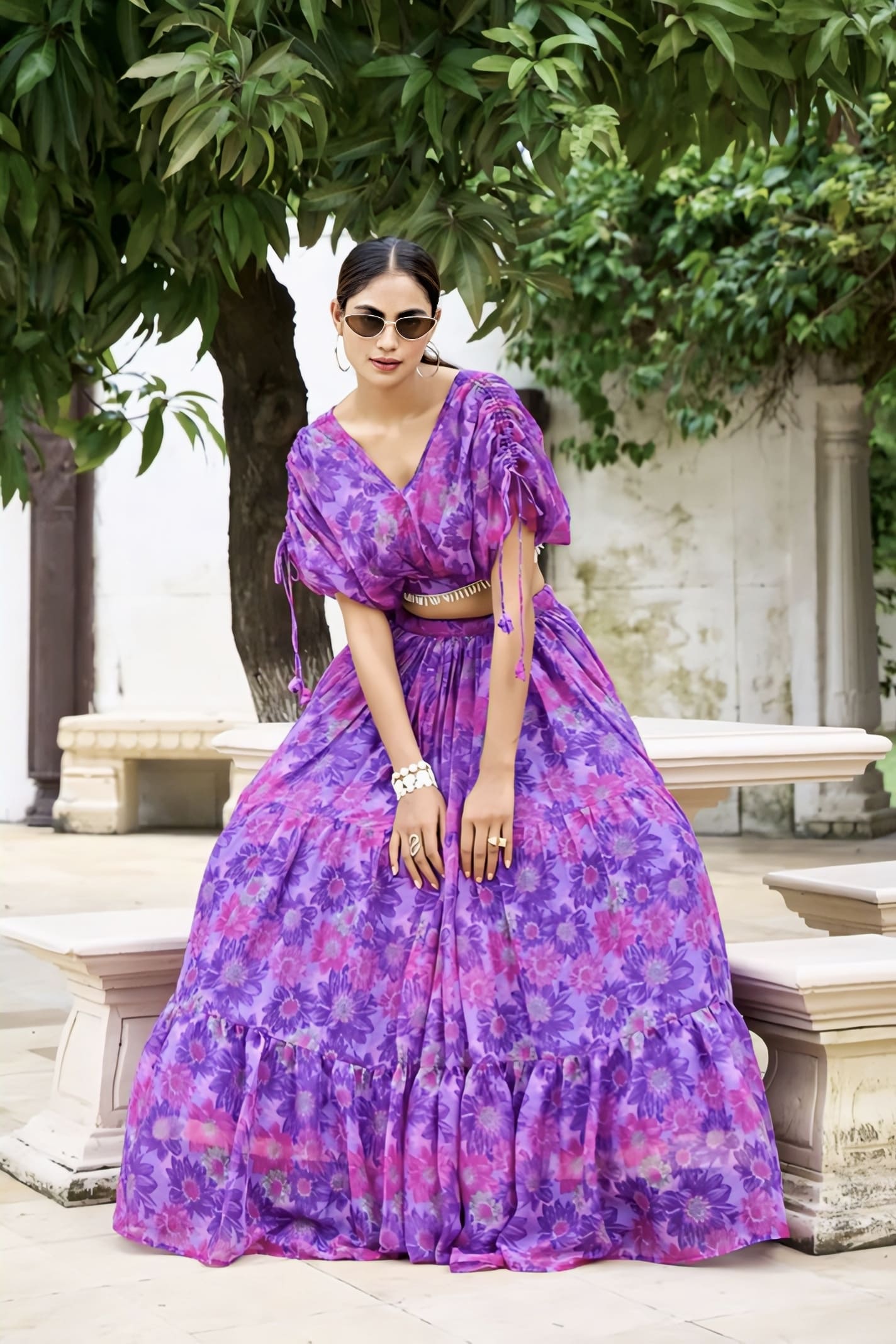 Elegance Purple Floral Printed Crop Top Lehenga Choli with Pearl Touch-Up