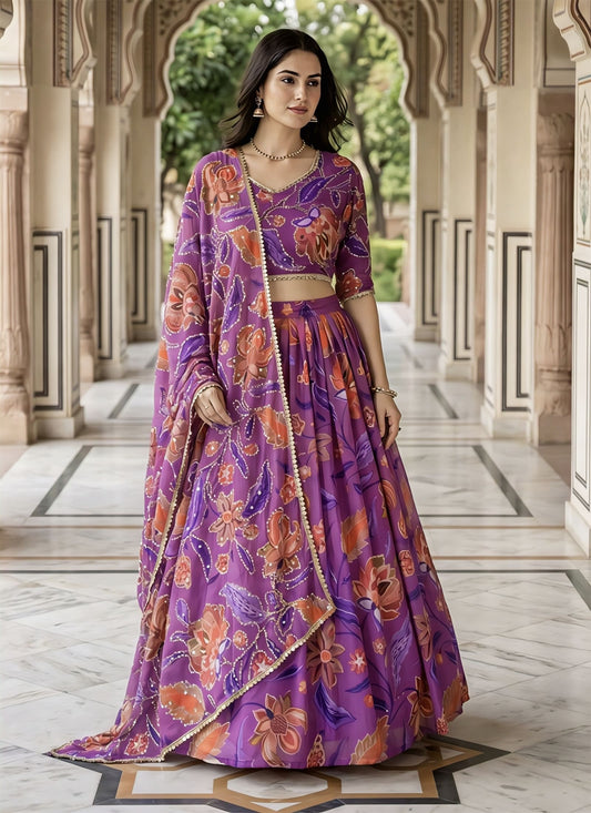 Purple sequins embroidered georgette lehenga choli for women