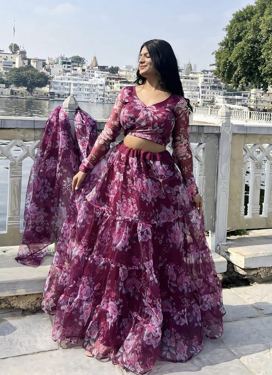 Trending purple floral organza silk lehenga choli with dupatta