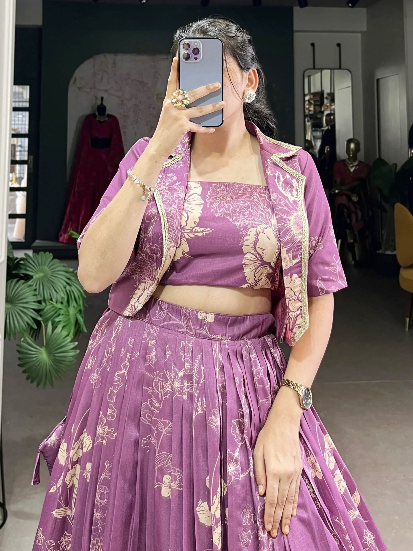 Refreshing Purple Printed Tussar Silk Crop Top Lehenga with Jacket