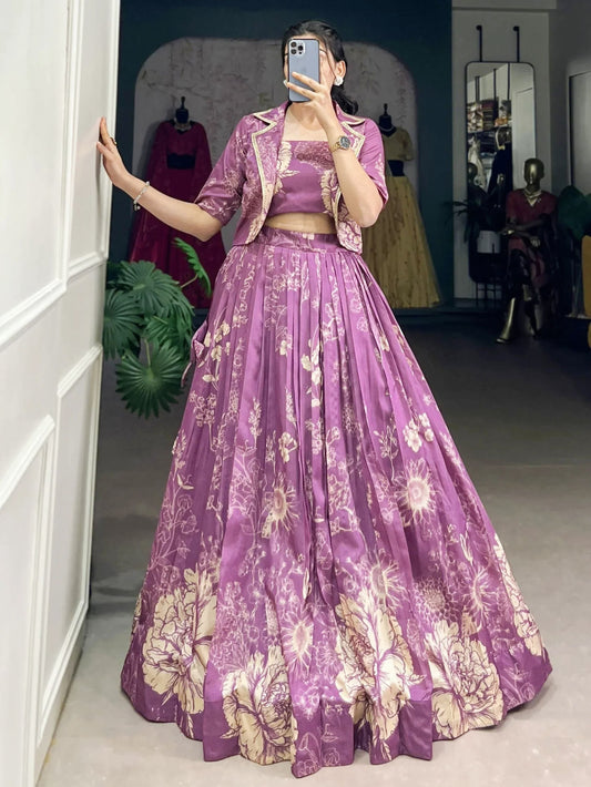 Refreshing Purple Printed Tussar Silk Crop Top Lehenga with Jacket