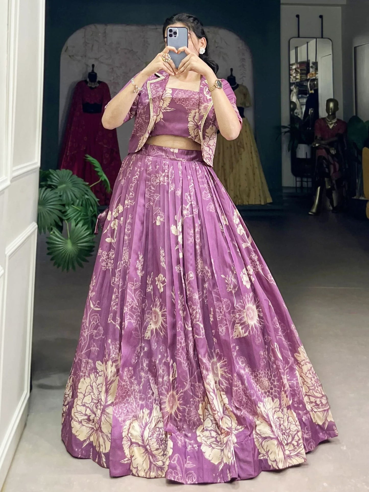 Purple printed Tussar silk crop top lehenga with jacket