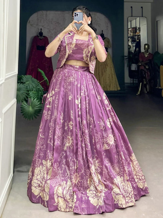 Purple printed Tussar silk crop top lehenga with jacket