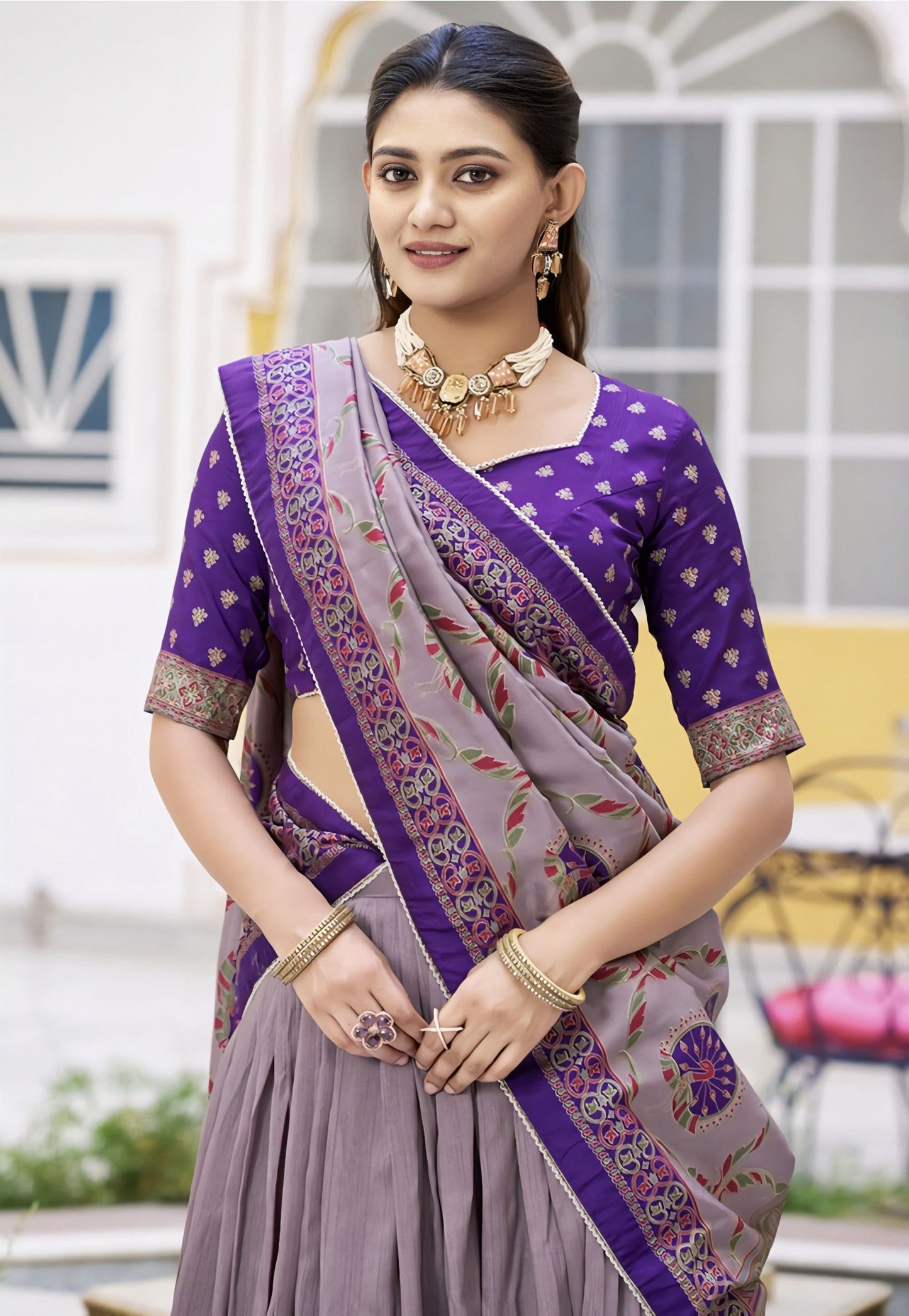Dusty Purple Digital Printed Tussar Silk Lehenga Choli with Peacock Print Dupatta