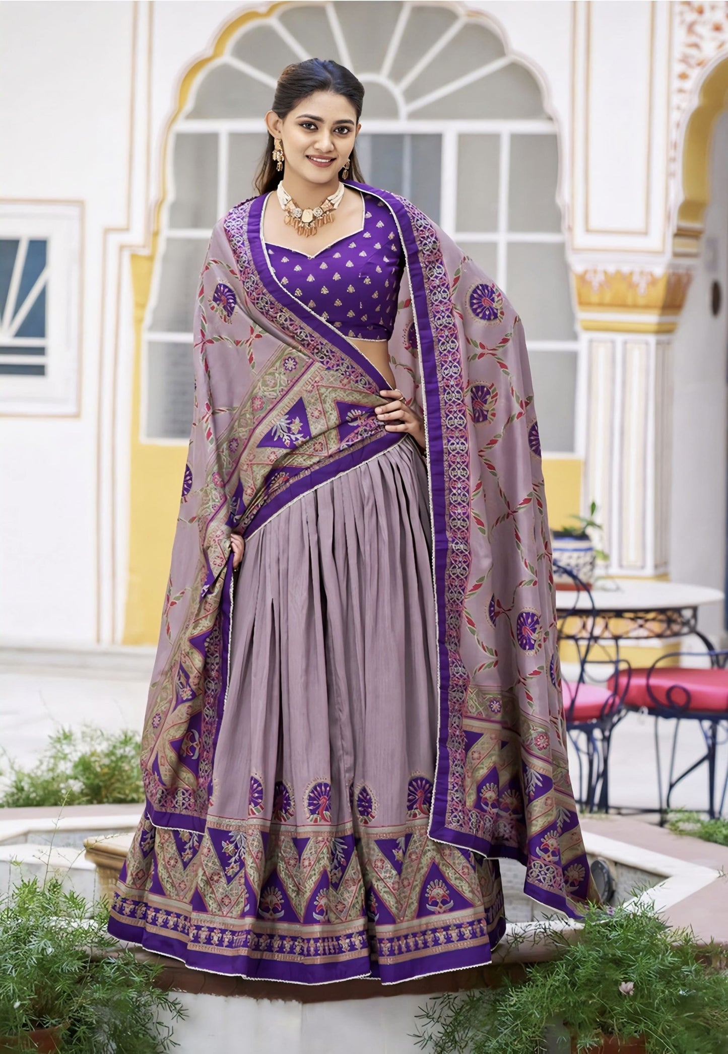 Dusty purple digital printed Tussar silk lehenga choli