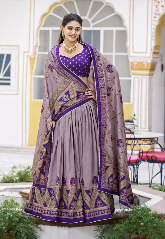 Dusty purple digital printed Tussar silk lehenga choli