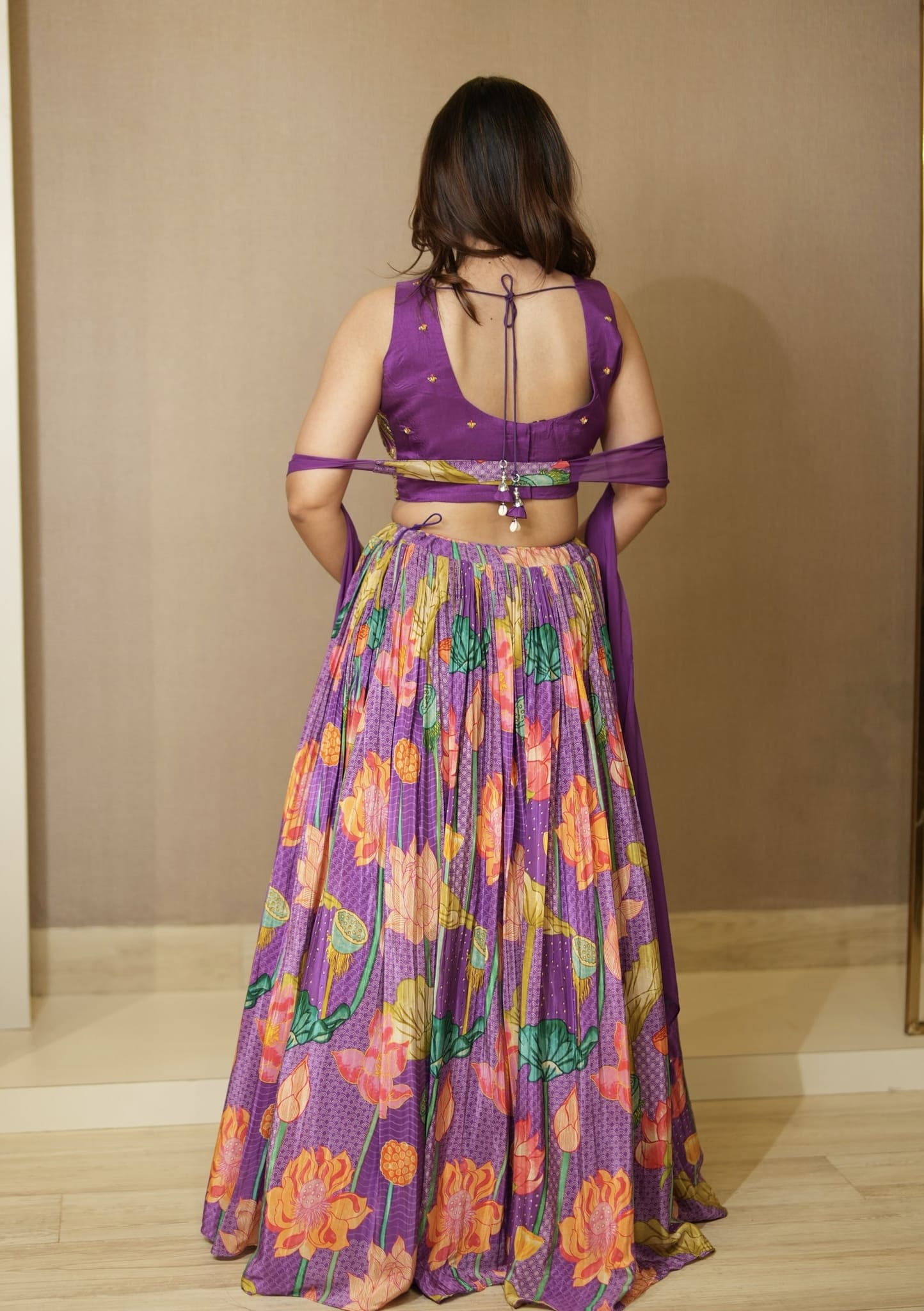 Purple Floral Printed Georgette Lehenga Set with Sequin & Bead Embroidery