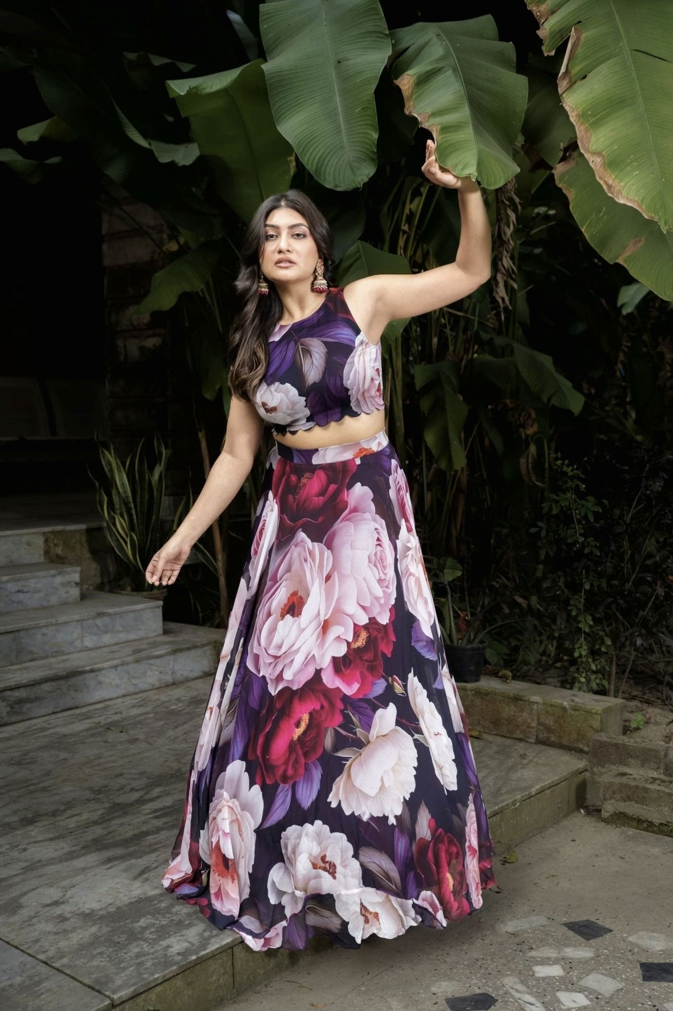 Rose pink floral printed crop top lehenga set for women
