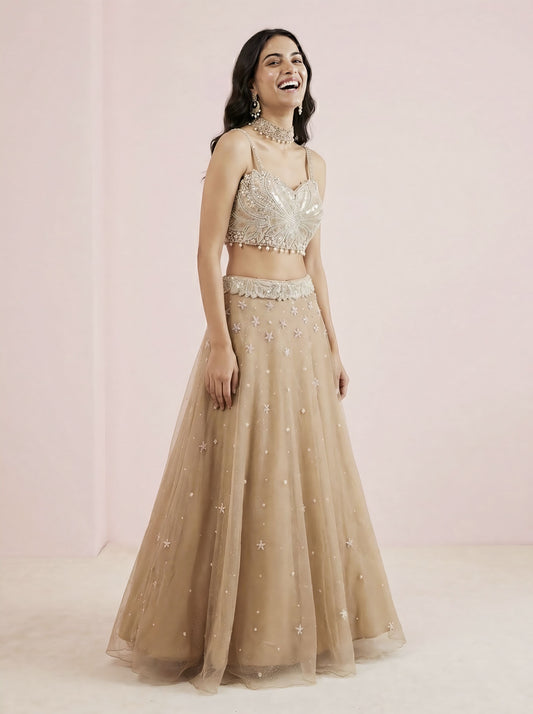 Brown Net Designer Crop Top Lehenga with Stitched Blouse