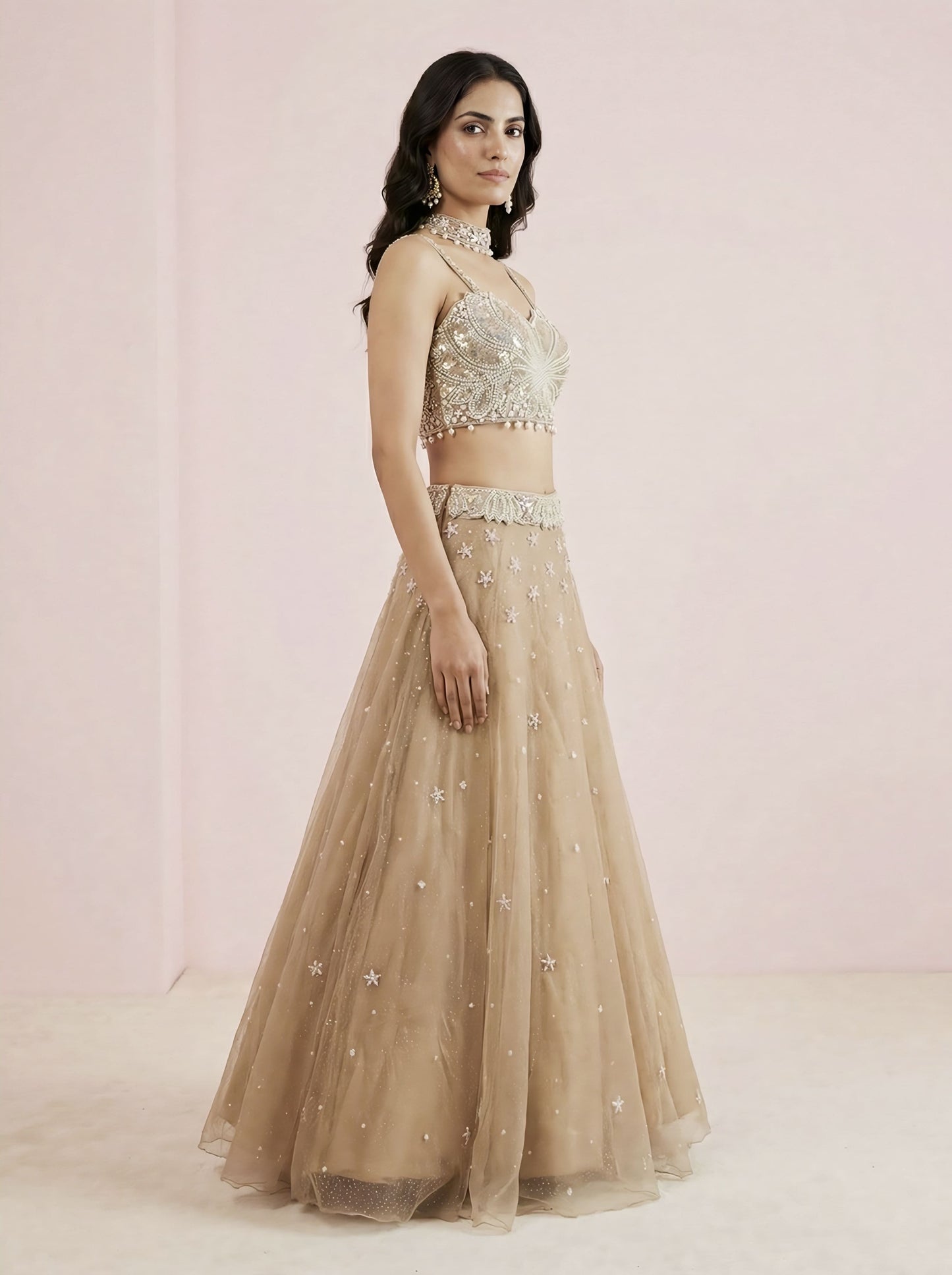 Brown Net Designer Crop Top Lehenga with Stitched Blouse