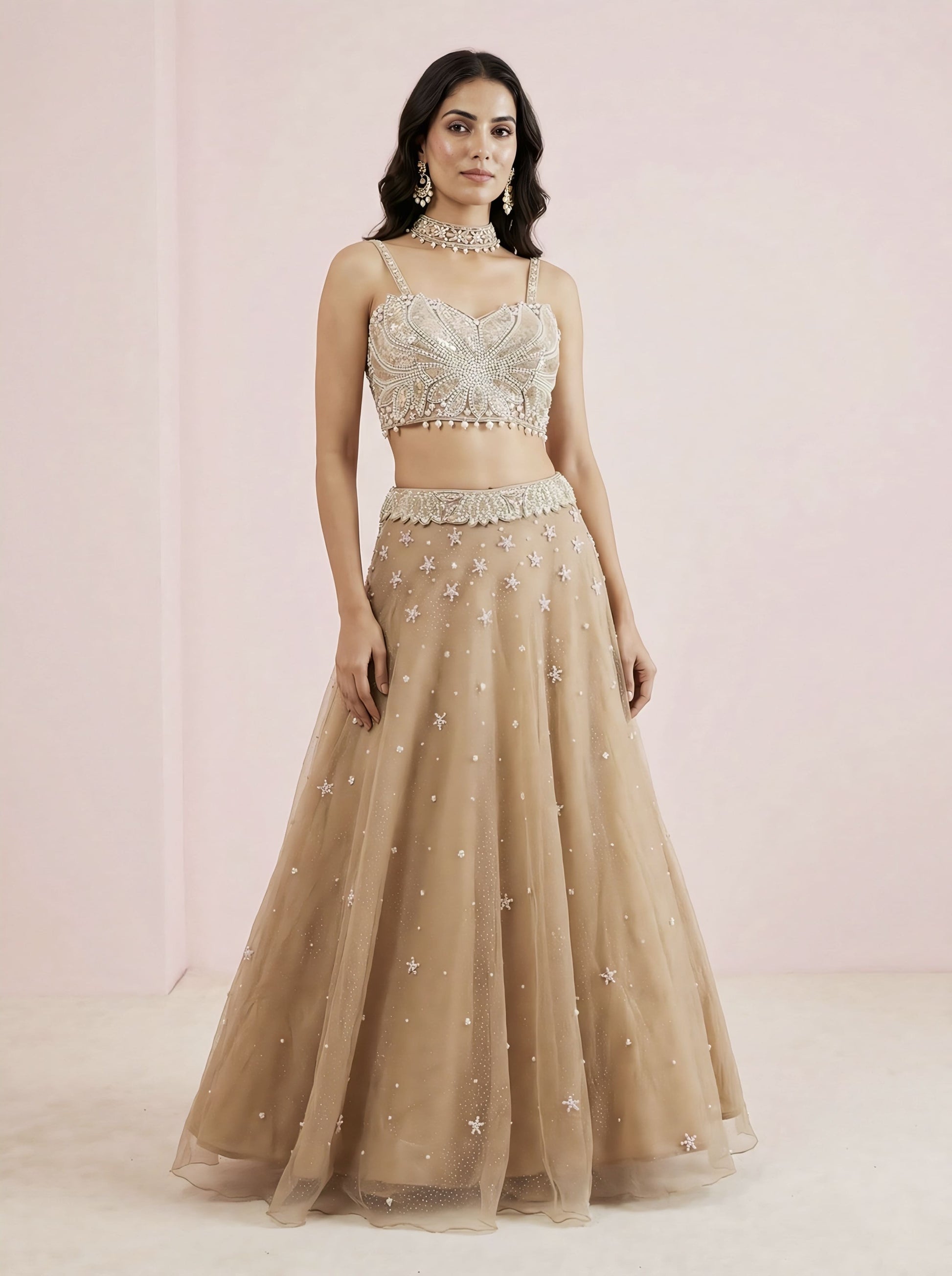 Brown net designer crop top lehenga for women