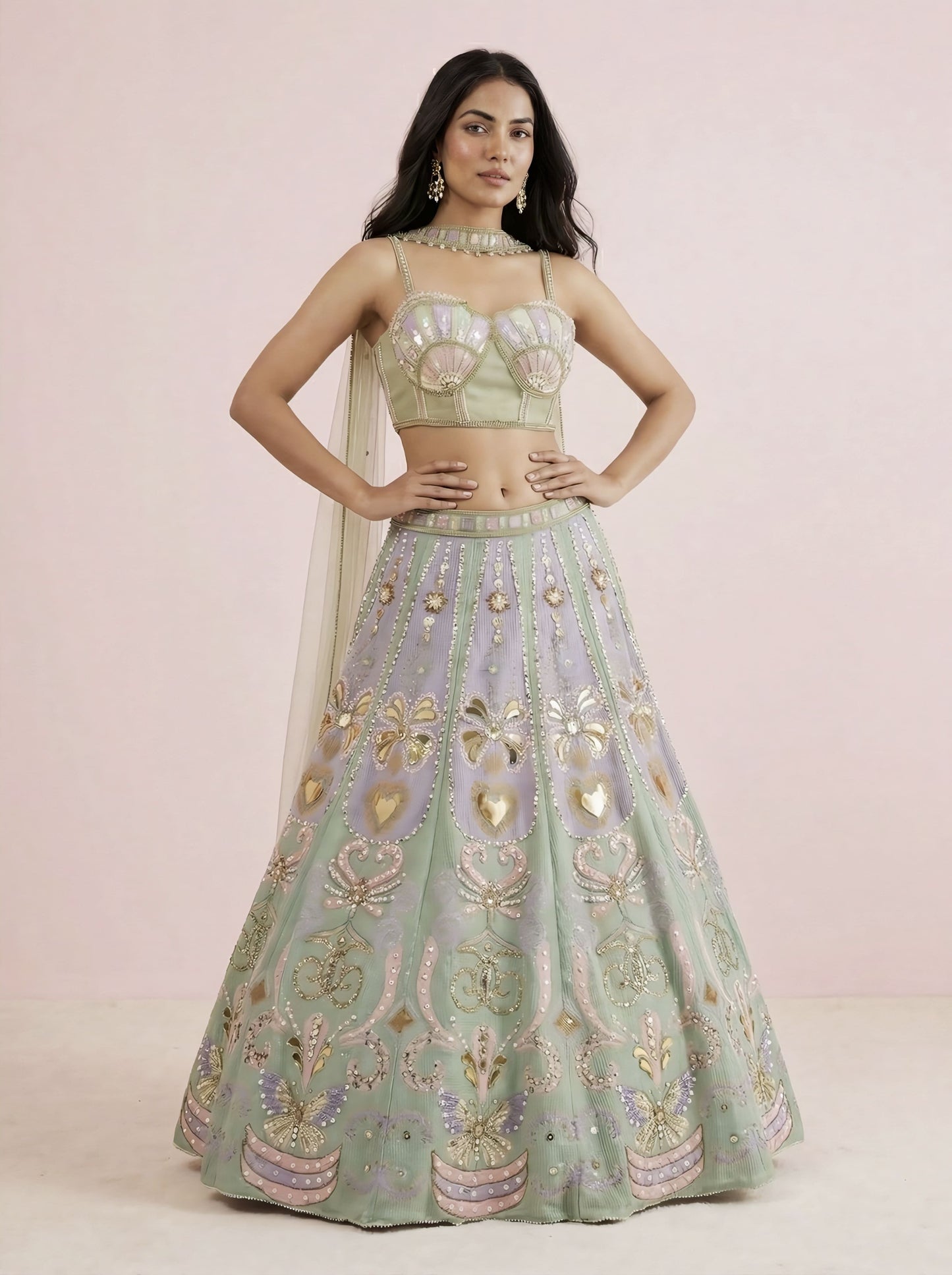 Multicolor Net Designer Crop Top Lehenga with Stitched Blouse