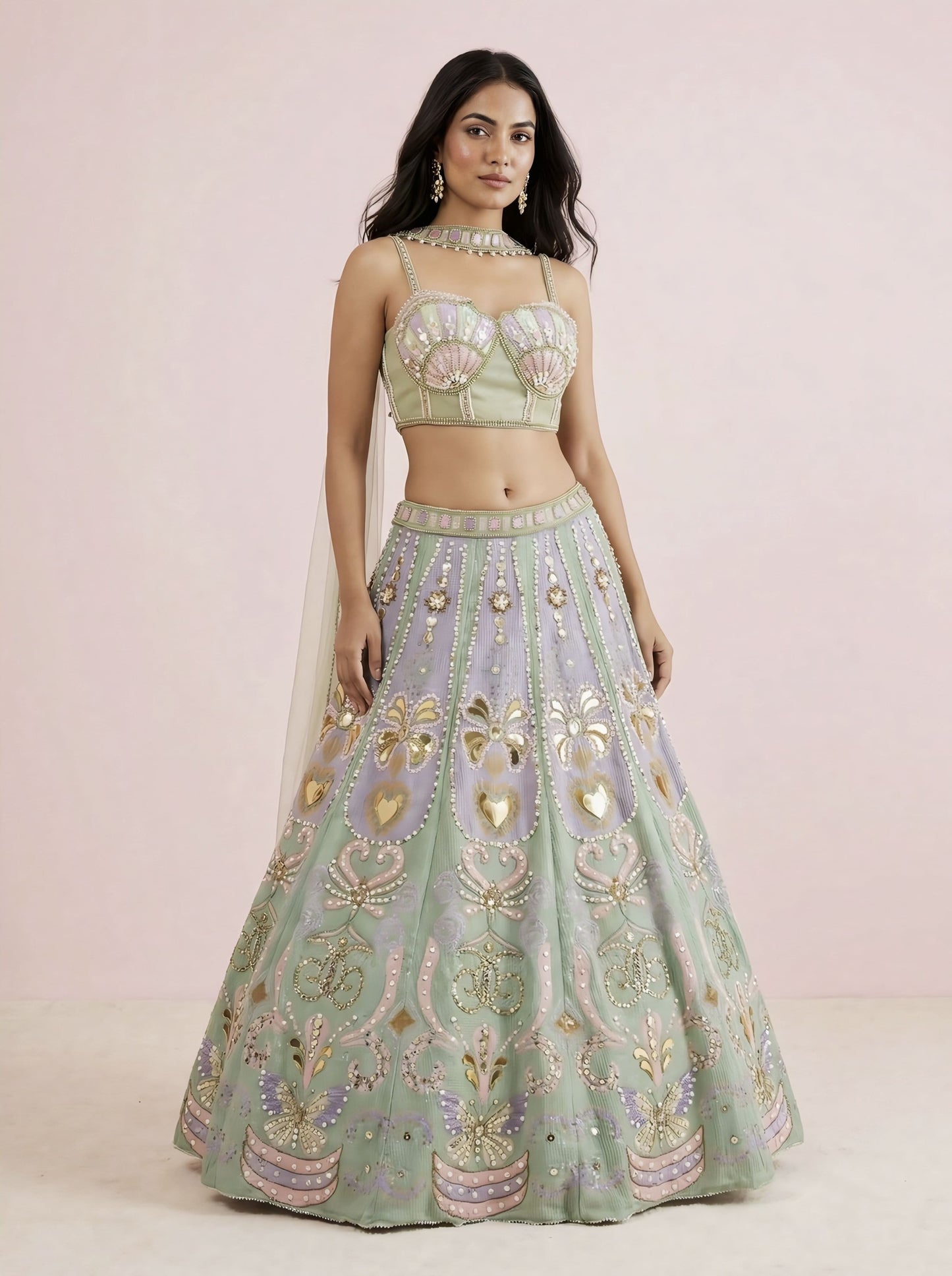 Multicolor Net Designer Crop Top Lehenga with Stitched Blouse