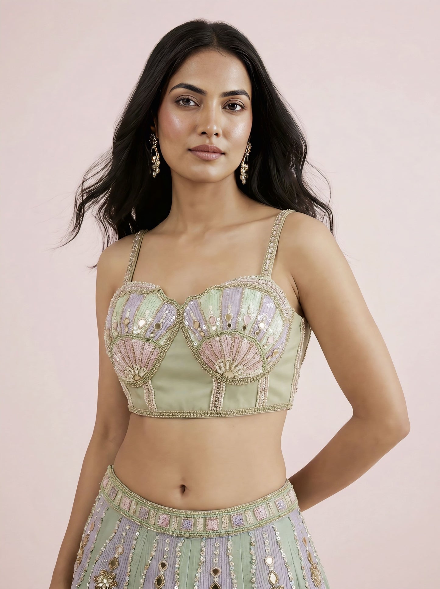 Multicolor Net Designer Crop Top Lehenga with Stitched Blouse