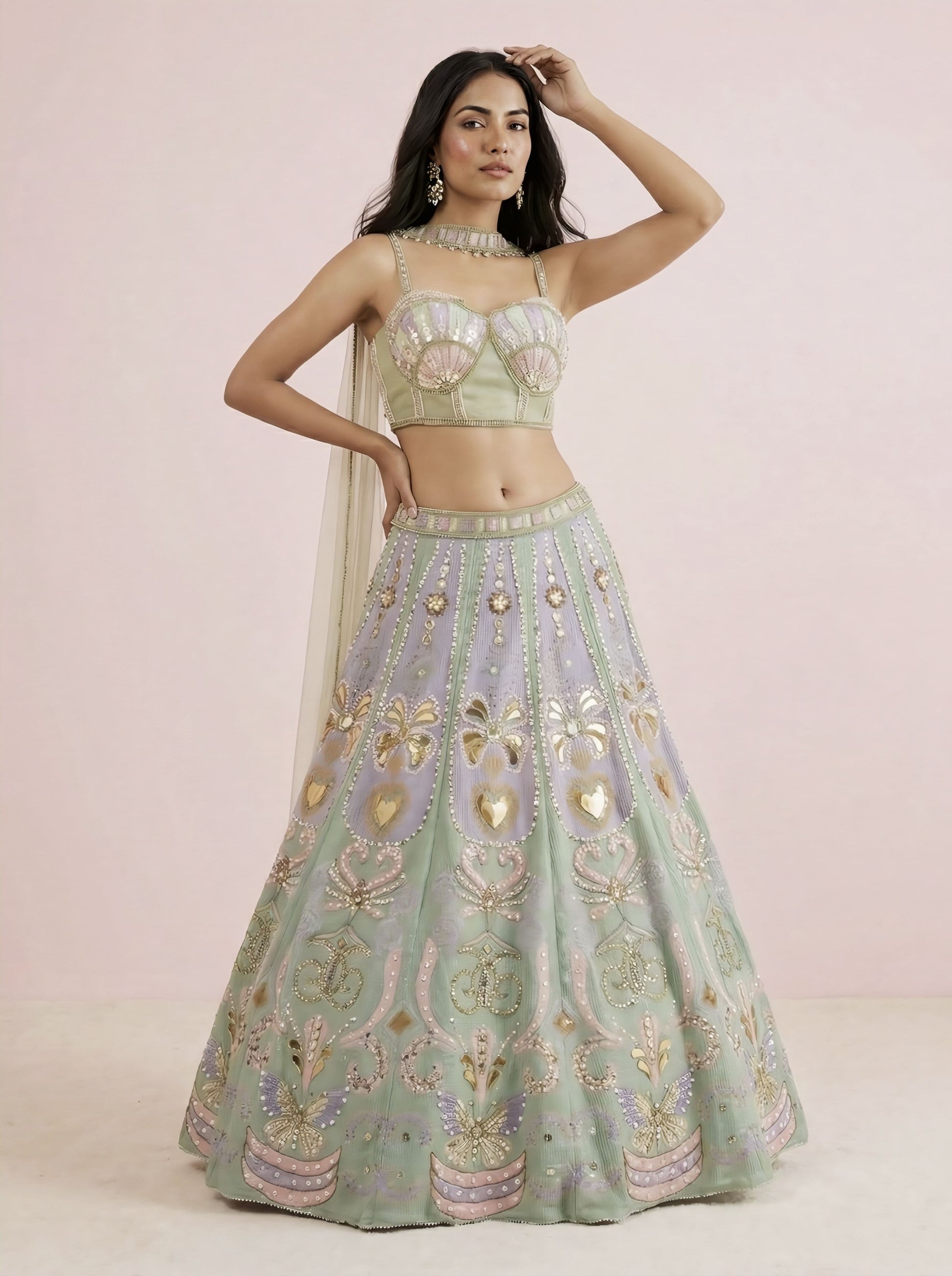 Multicolor net crop top lehenga for semi formal wear