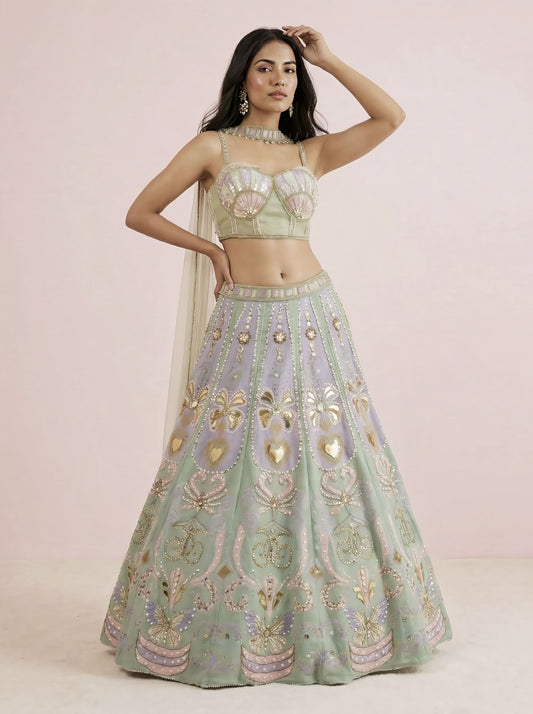 Multicolor net crop top lehenga for semi formal wear