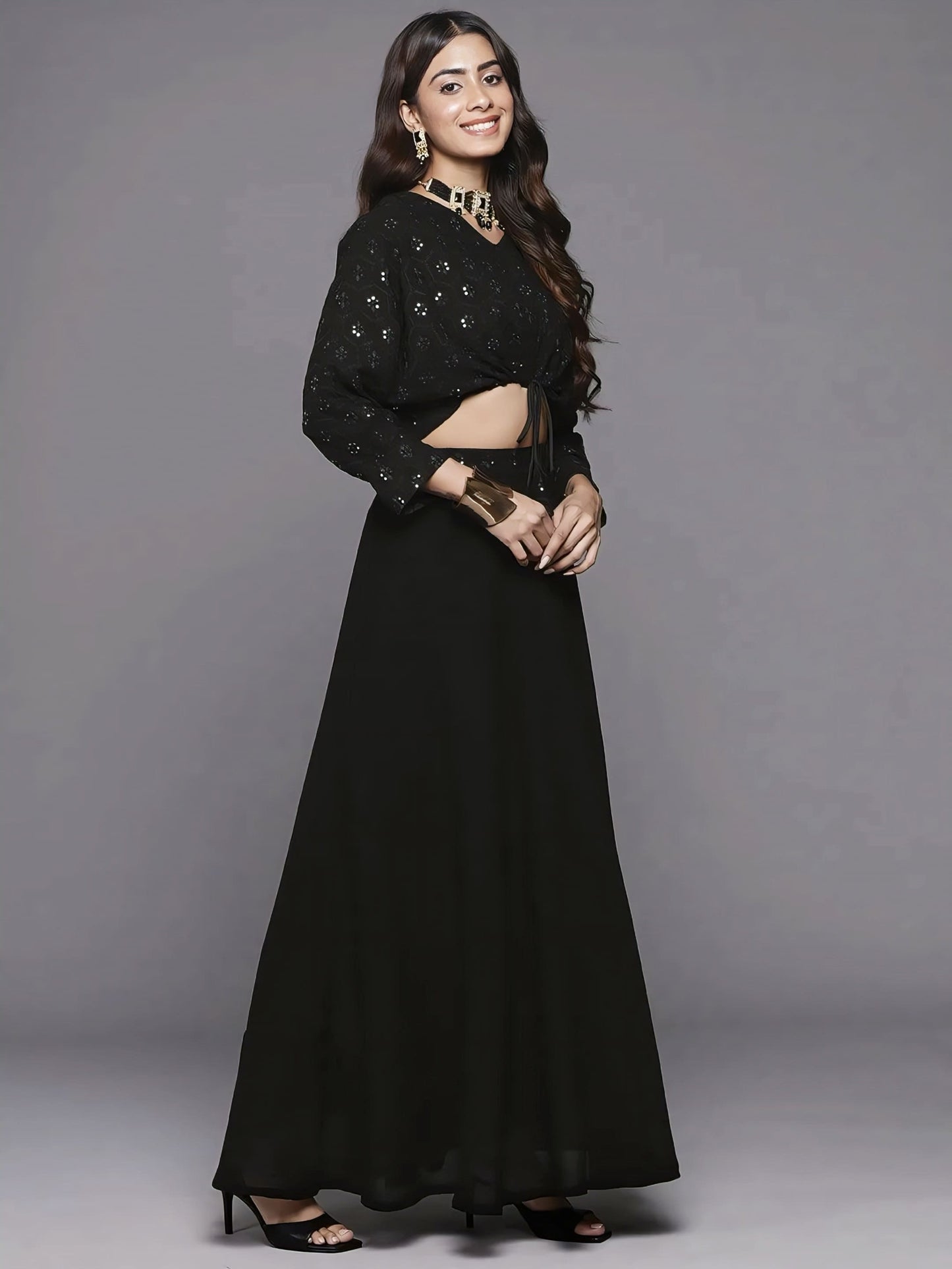 Black Embroidered Georgette Crop Top Lehenga with Full Sleeves