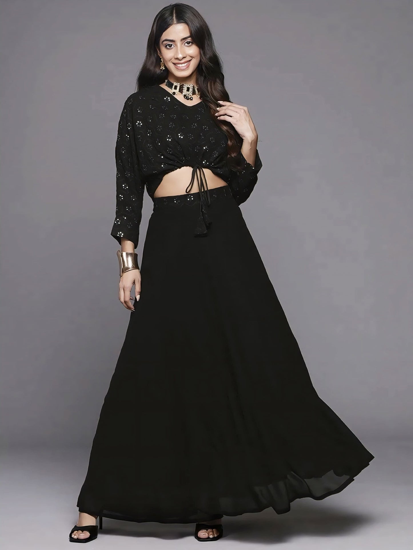 Black Embroidered Georgette Crop Top Lehenga with Full Sleeves